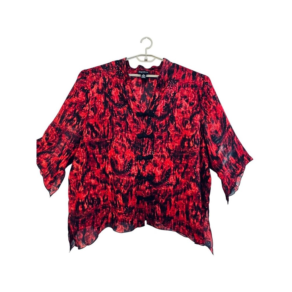 Maggie Barnes Womens Red & Black Abstract Blouse 3X Plus Size 26/28 Mandarin Col